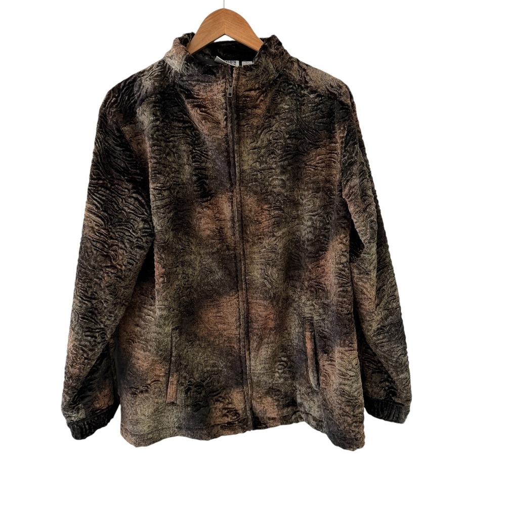 Vtg Chicos Design Ombre Textured Faux Fur Velvet Jacket 3/XL Brown Silk Lined